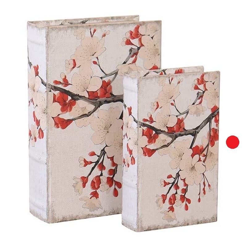 Scatola libro decorata con fiori di ciliegio bianchi e rossi con interno vellutato e chiusura magnetica, perfetta come idea regalo autunnale